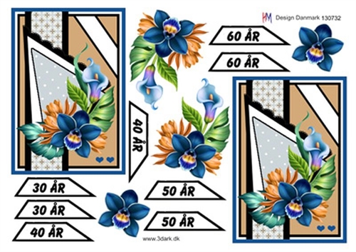 3D Blå blomster med årstal 30-60 år